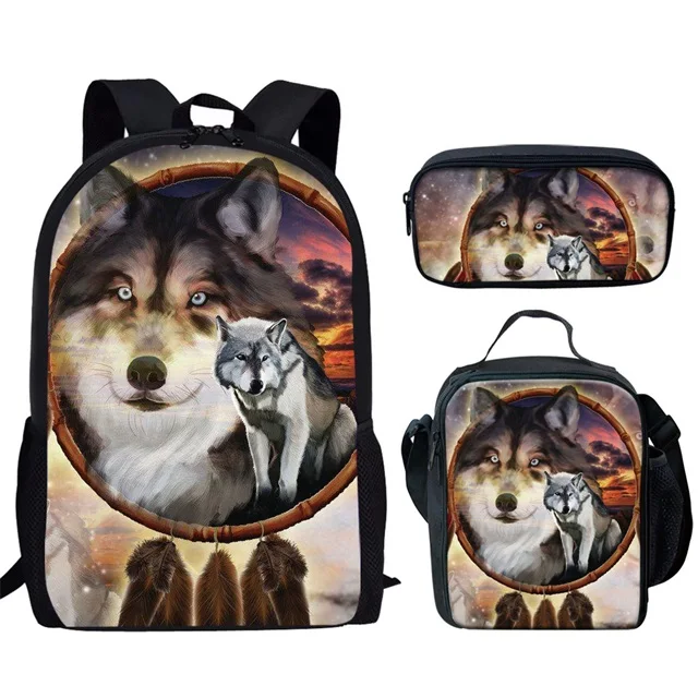 Hip Hop Harajuku Moon Wolf 3pcs/Set Backpack 3D Print Student Large Capacity Bag Travel Laptop Daypack Lunch Bags Pencil Case E