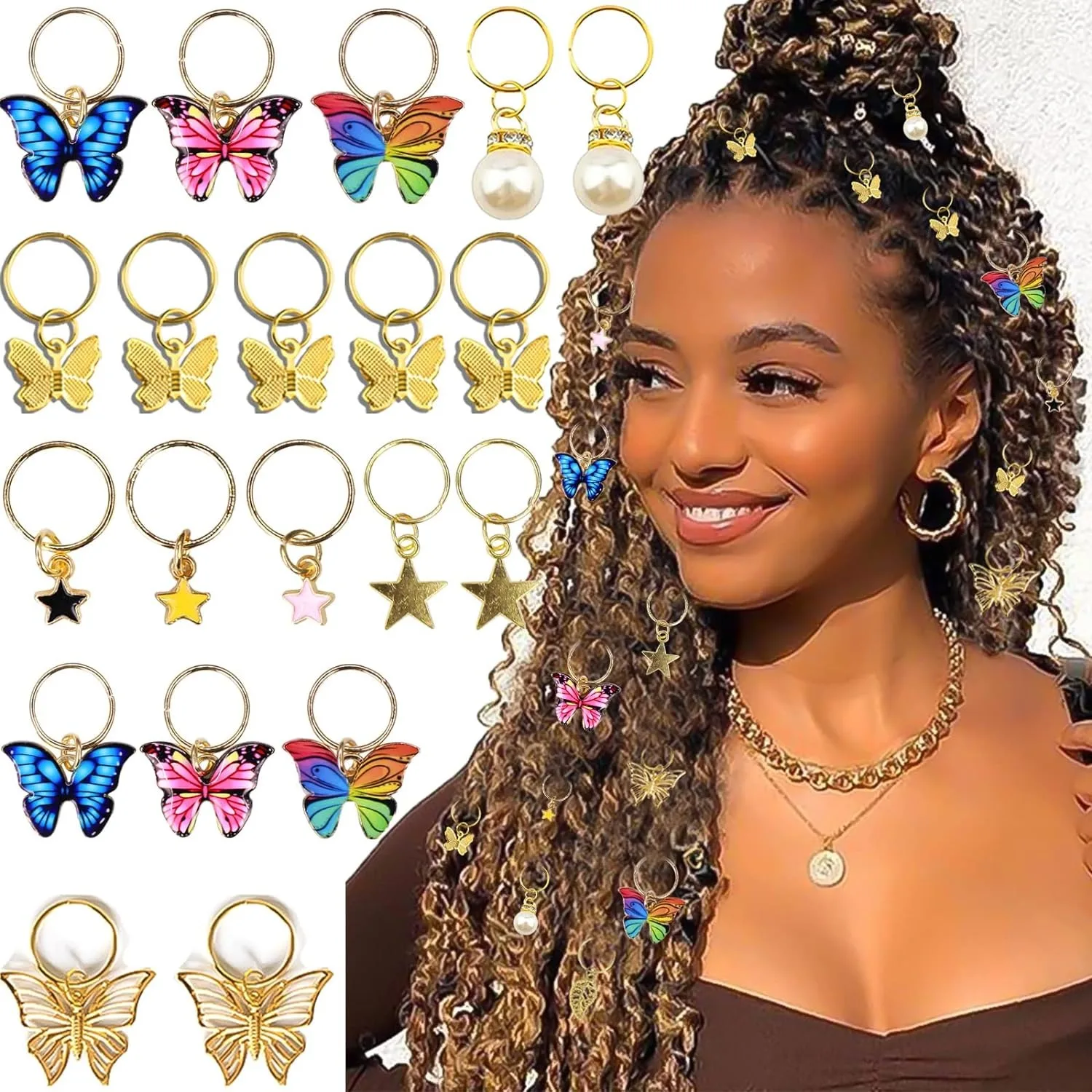 20Pcs Butterfly Braid Clips Crystal Dreadlock Hair Accessories Colorful Butterflies Pendant Charms Pearl Shiny Hair Accessories