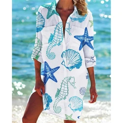 Hawaii Starfish Printed Sea Shirt Dress for Women Ladies Beach Sexy Blouses Outwear Shirt Long Sleeve Maxi Dress Vestidos Mujer