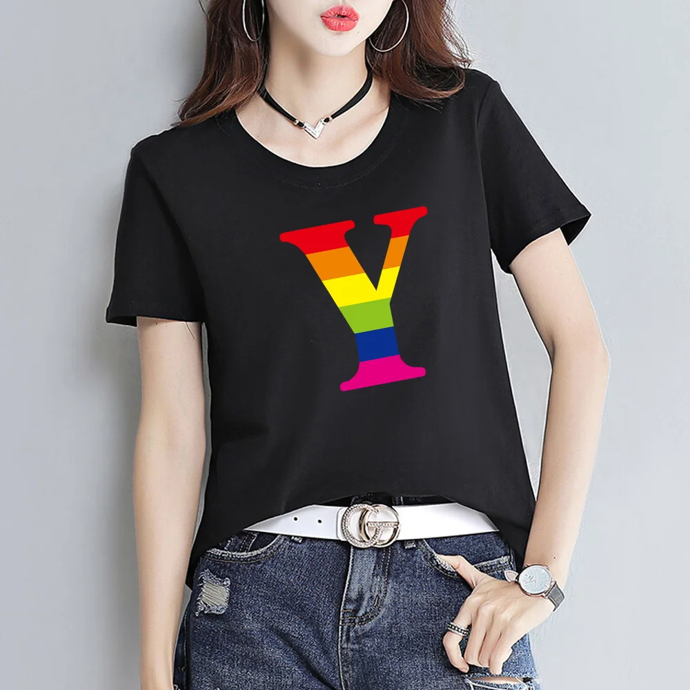 Women's Summer Black T-shirt Rainbow Letter Name Printing Series Casual Slim Top Commuter Fashion Harajuku Ladies Short Sleeve