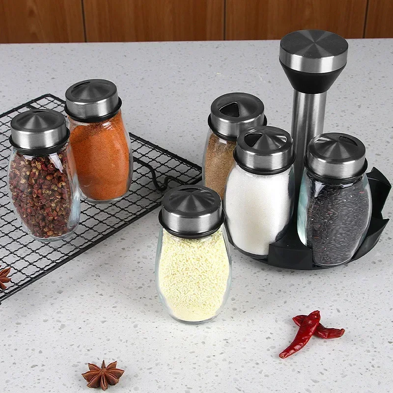 Rotating Seasoning Bottle Jar Rotating Base Gadgets Bottle 6-Pieces Set Kitchen Utensils Combination Herb Spice Tools