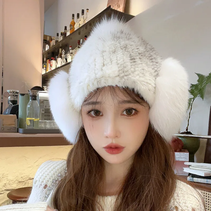 

Mink Fur Woven Hat For Women Winter Thickened Warmth Ear Protection Skiing Hat Outdoor With Fox Fur Ears Natural Mink Fur Caps