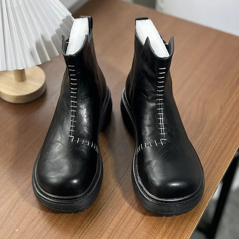 

New Thick Soled Chelsea Boots PU Hand Sewn Casual Fashion Side Zipper Round Head Men Boots