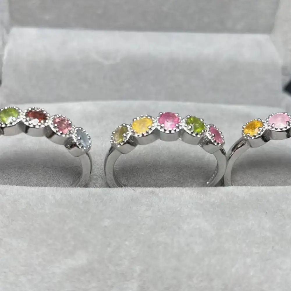 خاتم تورمالين للنساء قابل للتعديل ، خاتم نحاسي أبيض ، حجر طبيعي ، 4 حلقات ، مقاس 3 تقريبًا