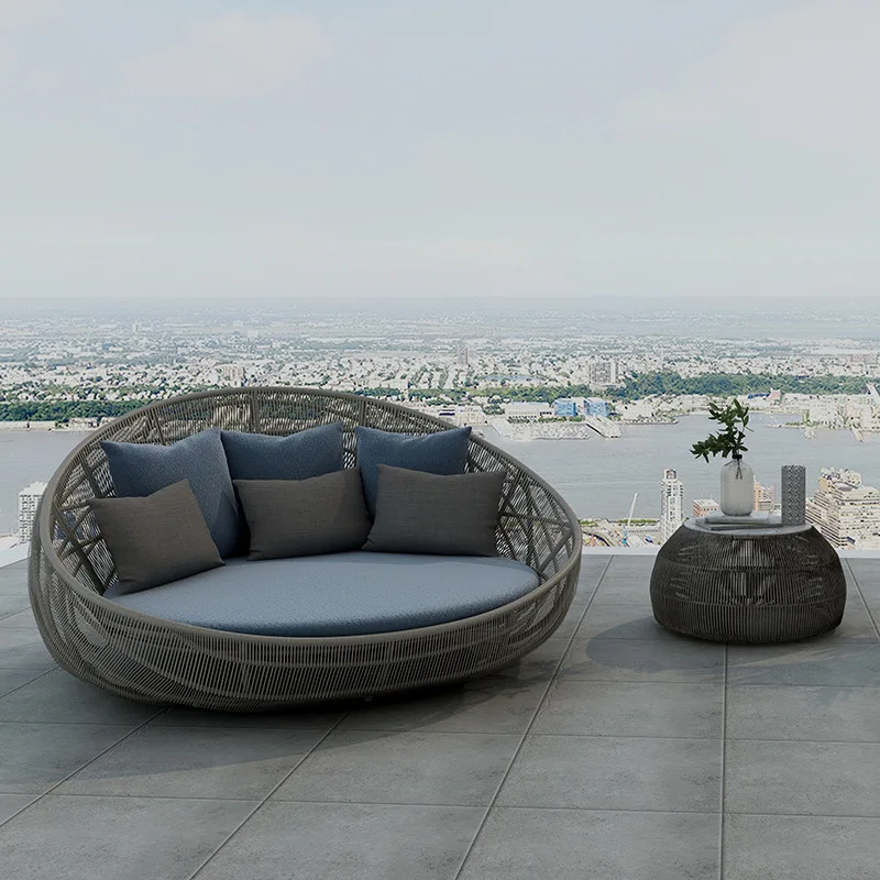 

Outdoor rattan sofa bed, garden round woven rattan chair sofa bed, pool courtyard rattan round bed furniture