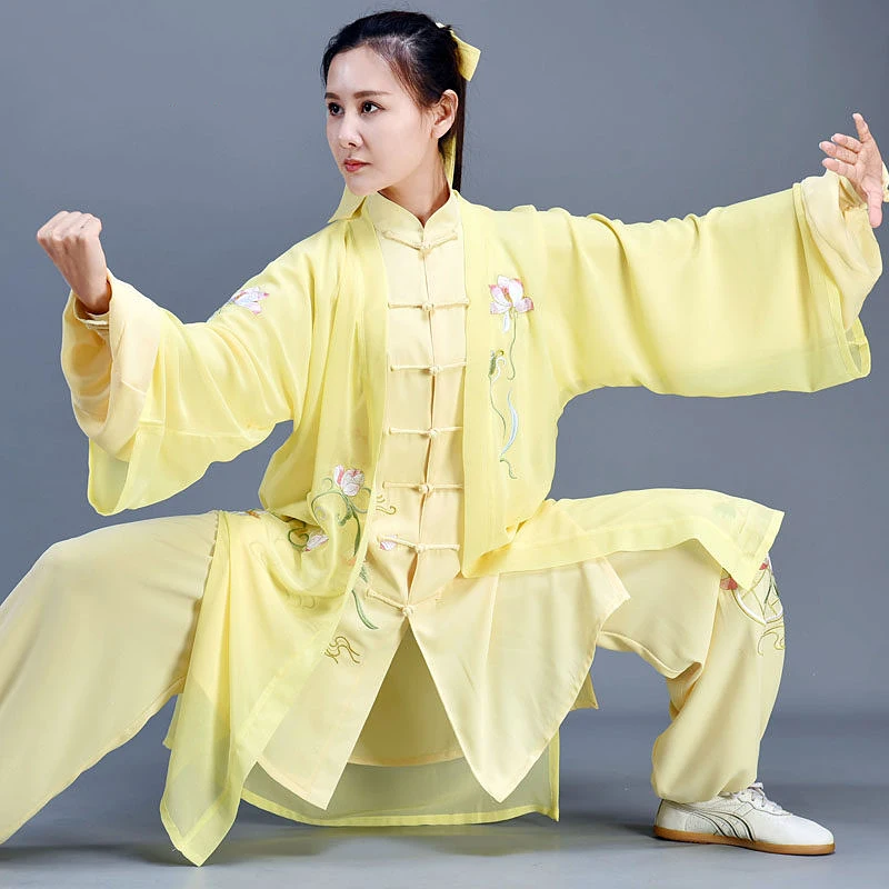 Custom Embroidered Lotus Mid-Length Tai Chi Suit, Women's Yellow Tencel Linen Performance Wear for Spring/Autumn