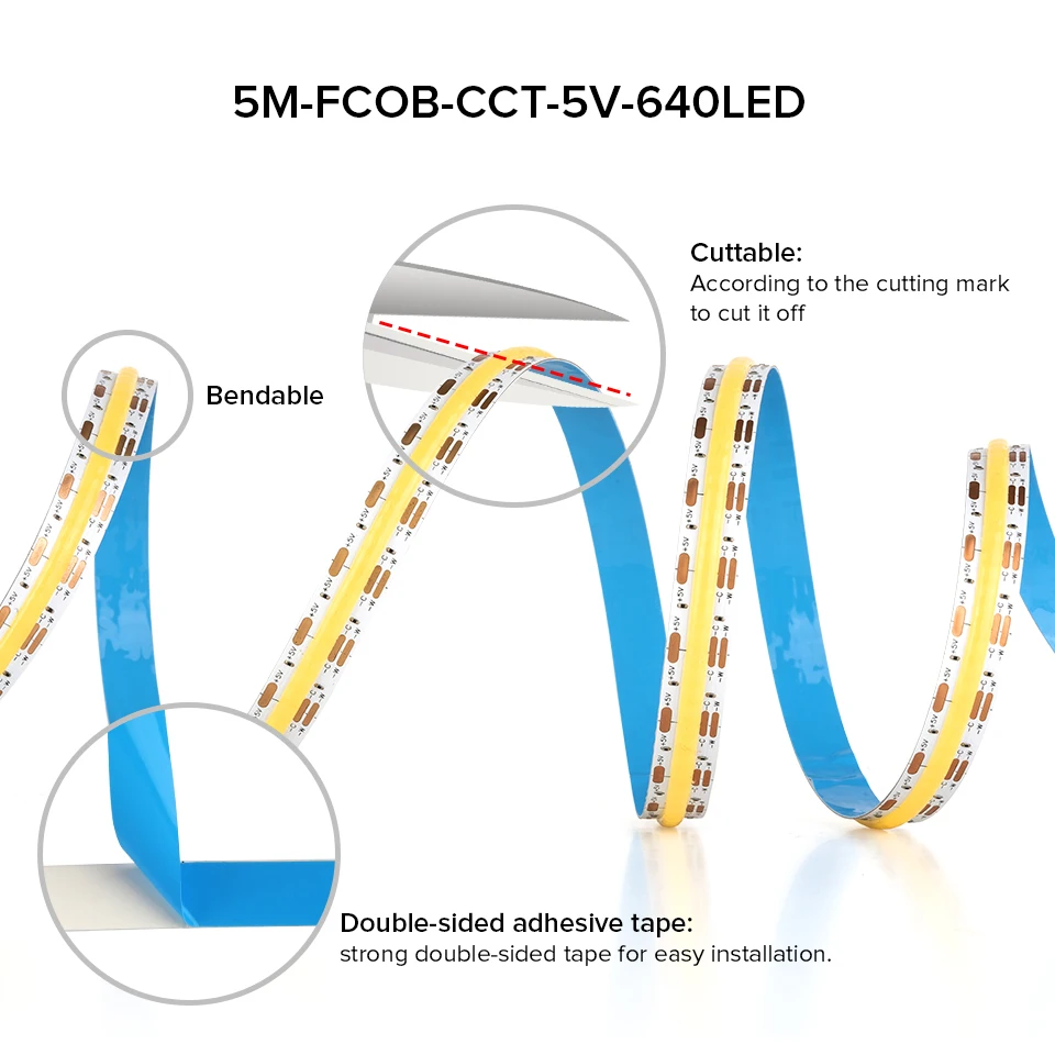 Imagem -06 - Flexível Dimmable Led Light Strip Conjunto Completo Controle de Alta Densidade Usb Cob dc Cct 640 Leds por m dc 5v