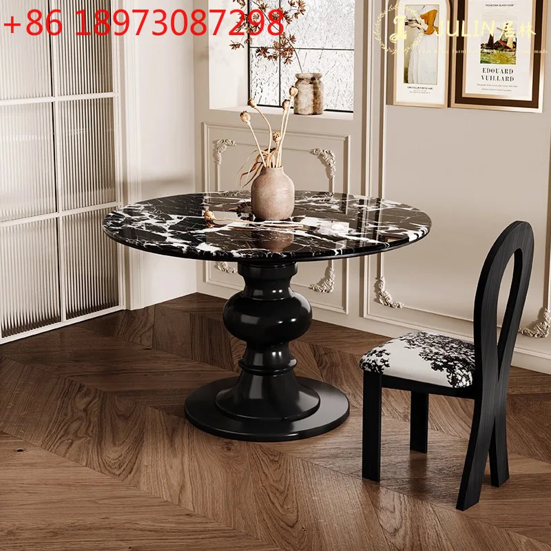 

French retro marble dining table small apartment household cream wind solid wood round table