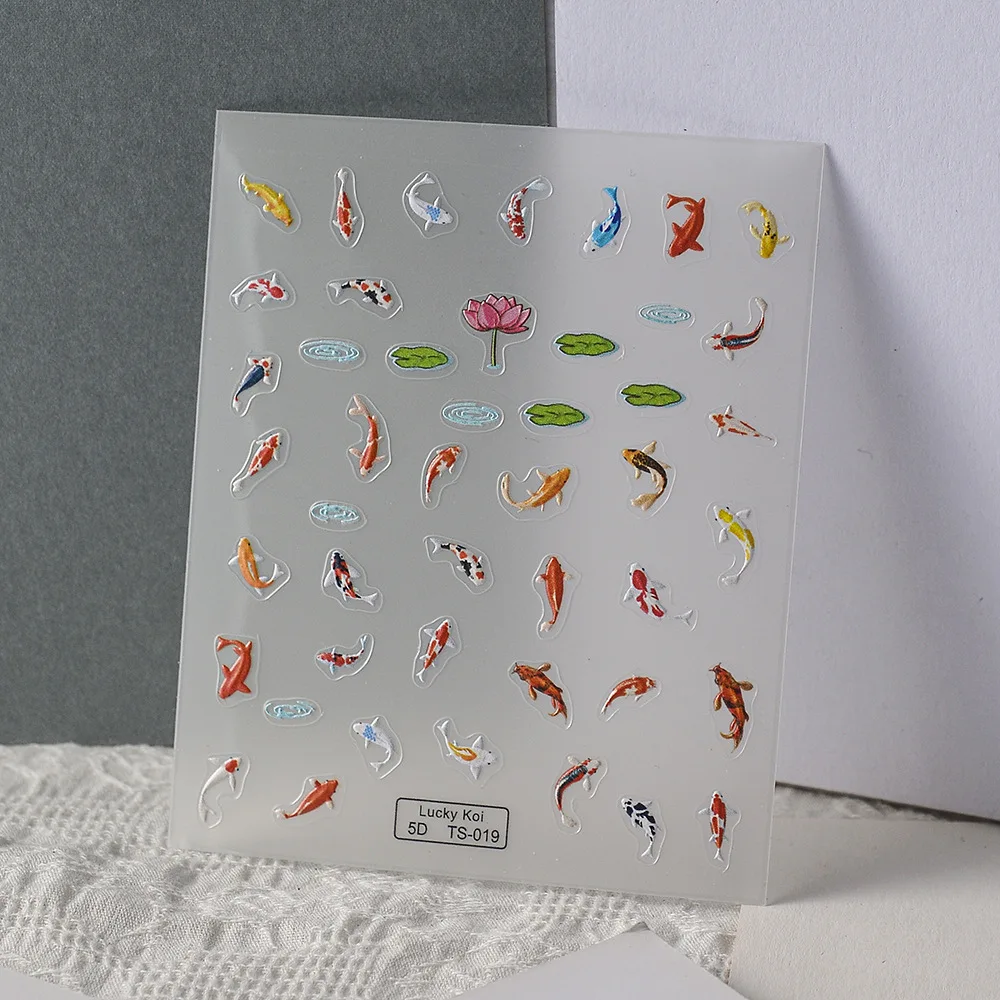 5D Koi Carp Nail Decals — Green Lotus & Red Carp