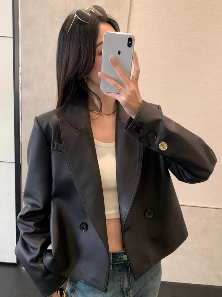 

2023Top Quality Women Sexy Short Sheepskin Genuine Leather Jacket Moto Biker Loose Fit Double Breasted Autumn Coat OL Casual Out