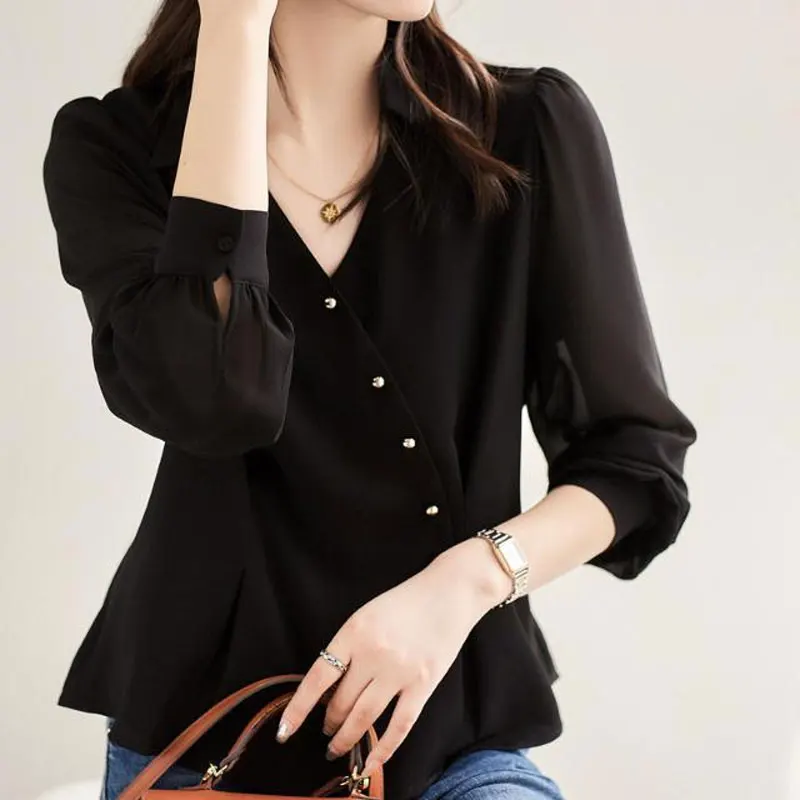 Korean Slim Stylish Folds Waist Shirt Elegant Half Open Collar Women's Clothing Single-breasted Spring Summer Long Sleeve Blouse