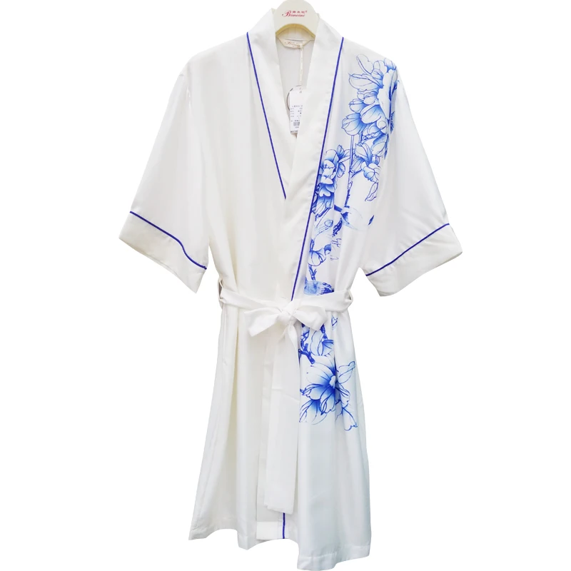 Ling Summer Men's Robe Imitation Satin Silk with Waist Belt Bath Robe Home Gown Sleepwear