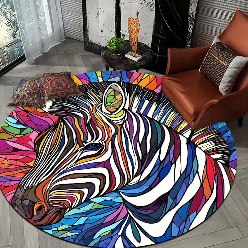 Colorful Zebra Art Style Flannel-printed round floor mats are slip-resistant Suitable living room bedroom terrace garden carpets