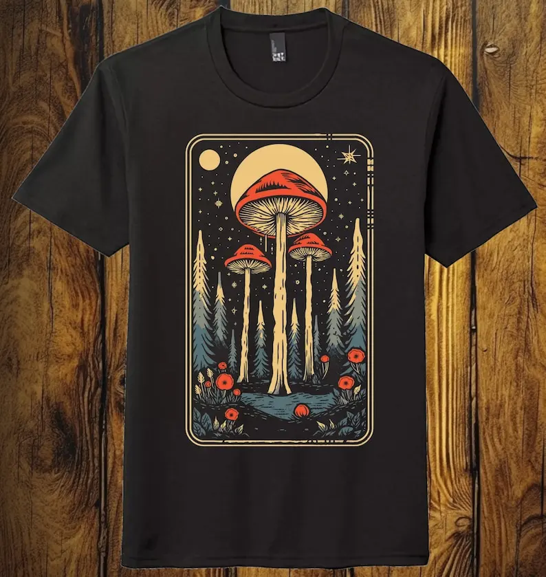 Mushroom Forest Tarot Card Black Unisesex Soft Grapic Shirt