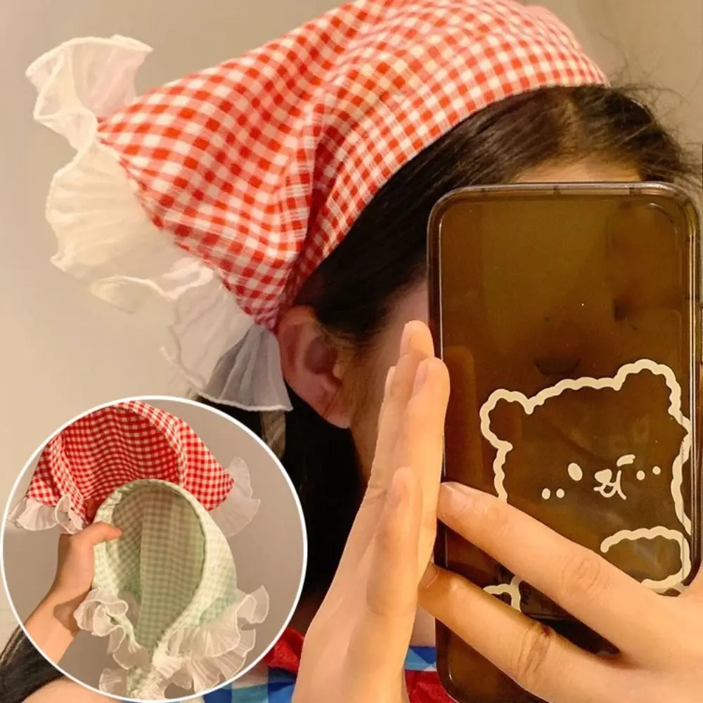 

Lazy Person Lace Headscarf Triangle Headscarf Hairhoop Hair Accessories Ins Pastoral Style Sun Protection Headscarf Grid