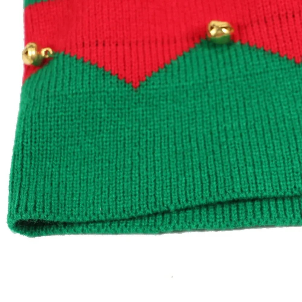 ポンポン付きクリスマスニットビーニー帽、暖かいニットの赤と緑のクリスマスストライプ帽子、ベル付きクロシェキャップ、冬シーズン向け