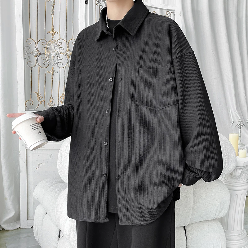 

Trendy Men's Long Sve Striped irt Loose Fit Workwear Jaet Turn-down Collar High-end Feeling Autumn Faion Youth