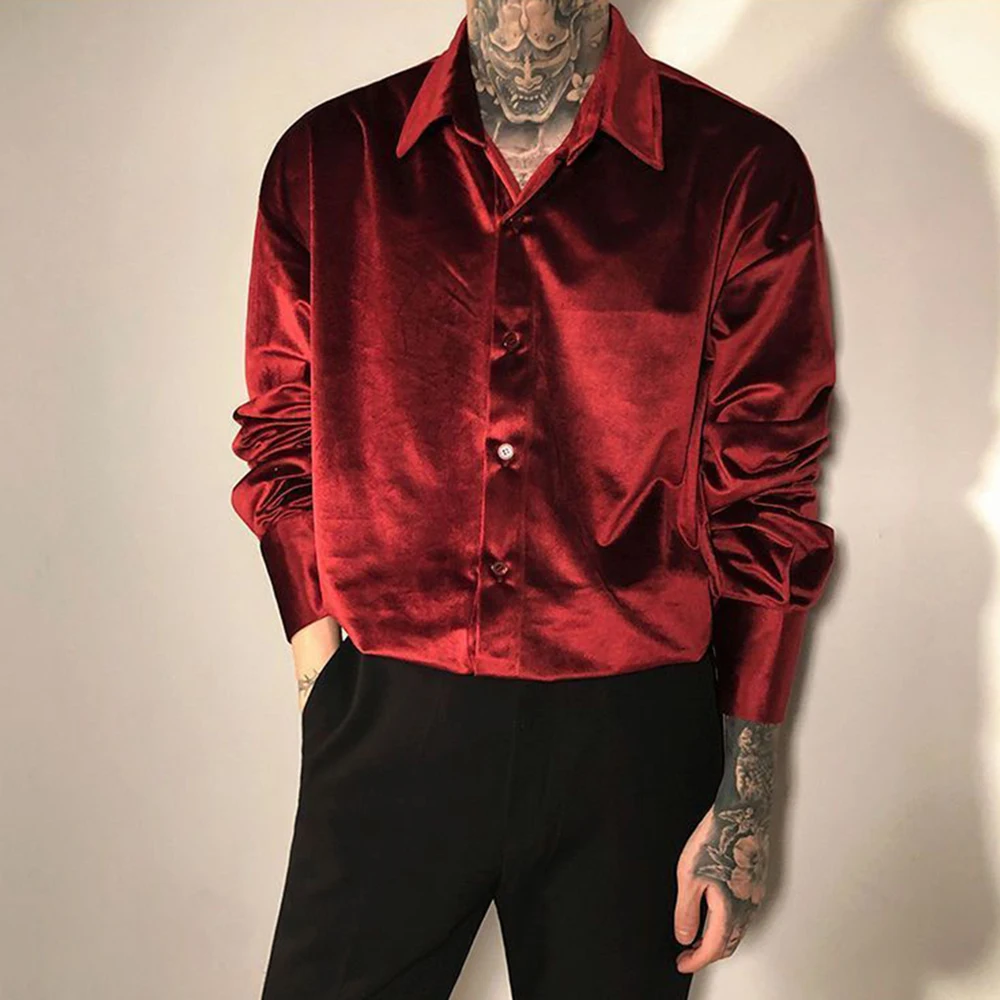 Mens Autumn French Solid Color Gold Velvet  Shirt Comfortable Fashion Trendy High Street Lazy Casual Long-Sleeve Top For Men