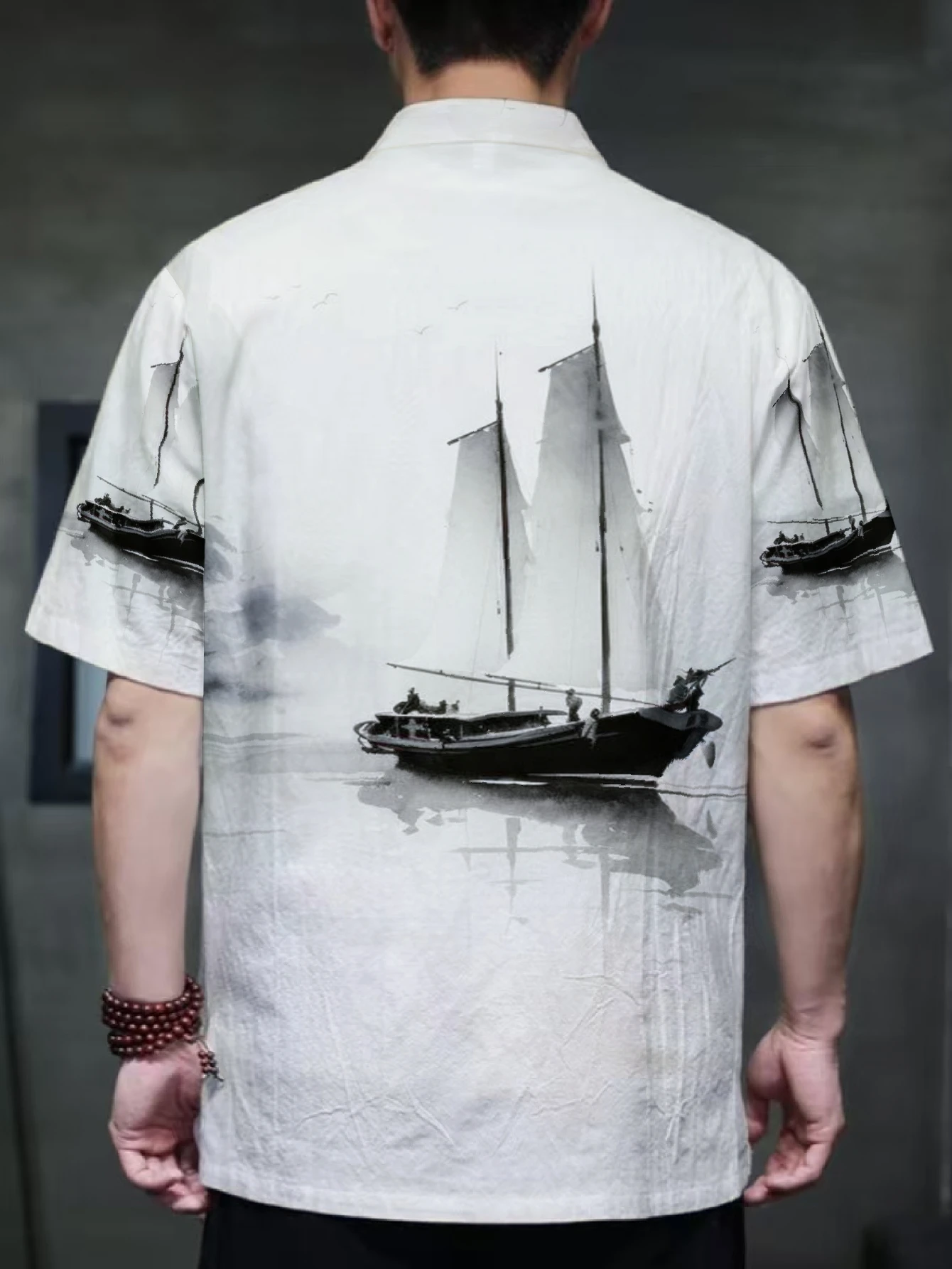 Men Retro Ink Art Print Tang Suit Top Boat Landscape Pattern Button Placket Casual Holiday Party Blouse