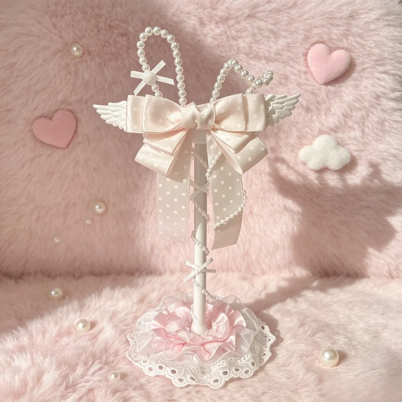 Head Mounted Headphone Stand Light Pink White Bowknot Handmade Pearl Rabbit Headphone Stand Cute Desktop Decoration