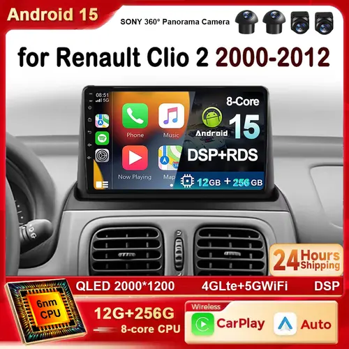 Imagen 1 del producto Reproductor de navegación de Radio de coche Android 15 para Renault Clio 2 BB CB MK2 2000-2012 2K QLED Carplay estéreo automático GPS vídeo DSP 4G WIFI