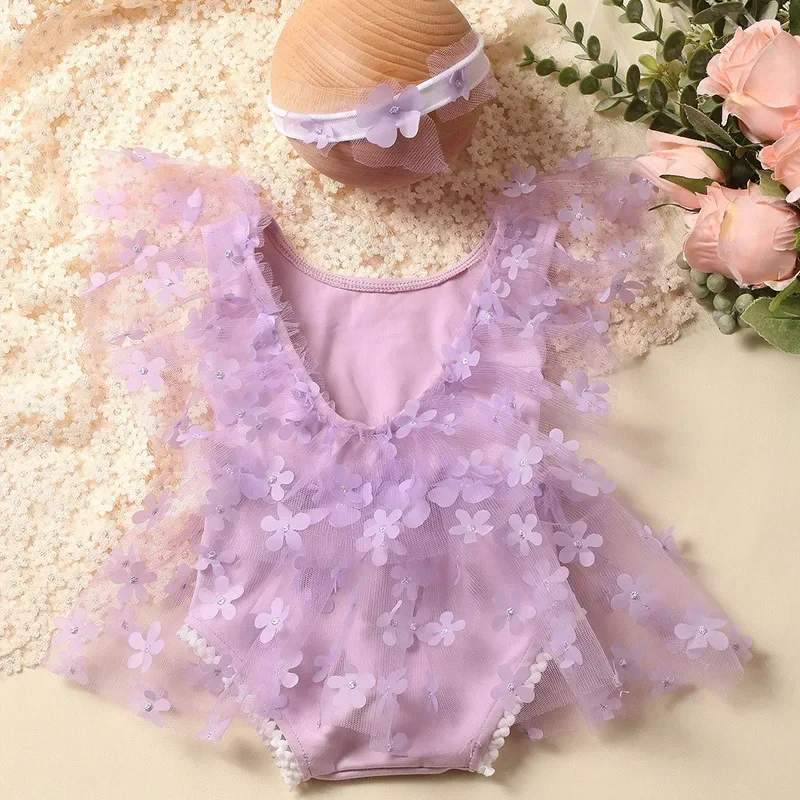 Conjunto de 2 piezas para fotografía de recién nacido, trajes de fotografía para niña, mameluco de flores bordadas, diadema, ropa para sesión de