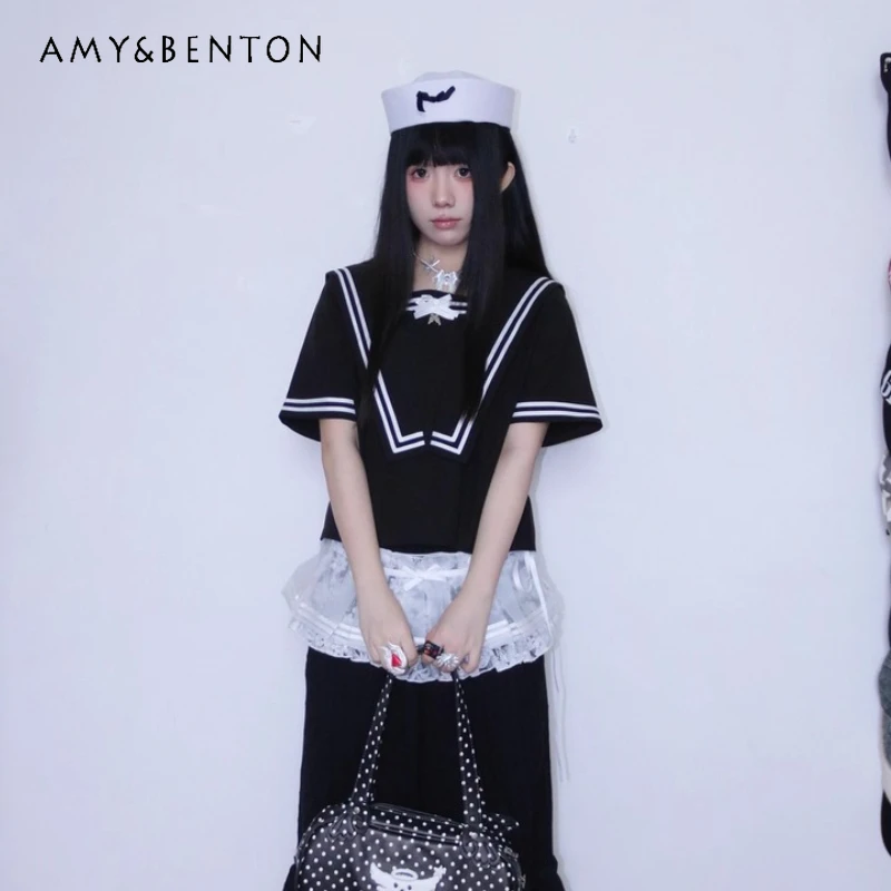 

Original Korean Design Black Bow Women's Short Sleeve Shirt Summer New Sweet Cool Personality Fashion Navy Collar Shirts Ladies