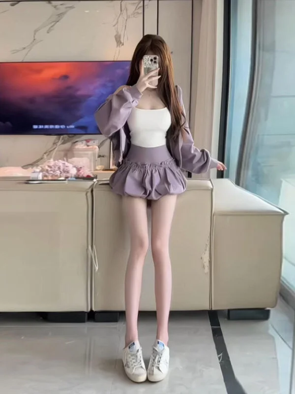 

Chic Hooded Jacket High Waist Flower Bud Skirt Two Piece Set Fashionable Spring Outfit for Short Women Stylish Ensemble