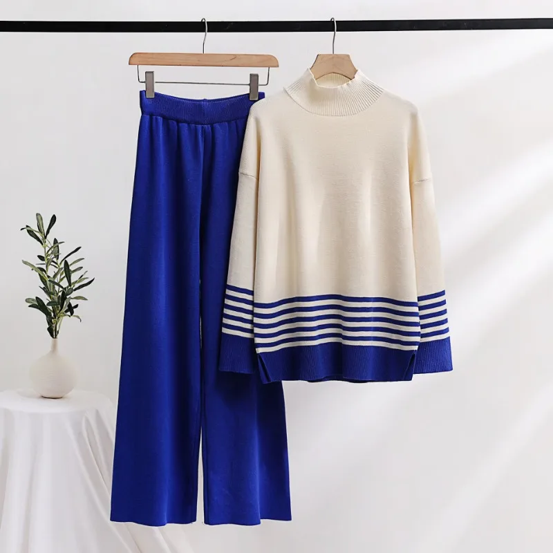 Knitting 2 Piece Sets Women Outfit Sweater Trousers Autumn Winter Thickening Stripe Turtleneck Loose Fashion Sets Womens 2 Piece