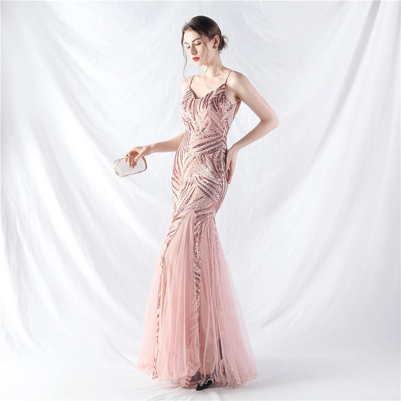 2025年夏 セクシーワンピース レディース スパゲッティストラップ バックレス スパンコール メッシュ カクテル プロム ボールガウン イブニングパーティー ロング マキシドレス