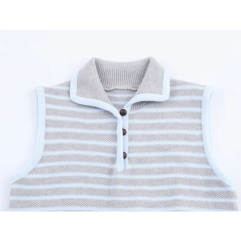 YENKYE nuevas mujeres primavera otoño chaleco de punto a rayas cuello de solapa sin mangas Casual señora pulóver Tops