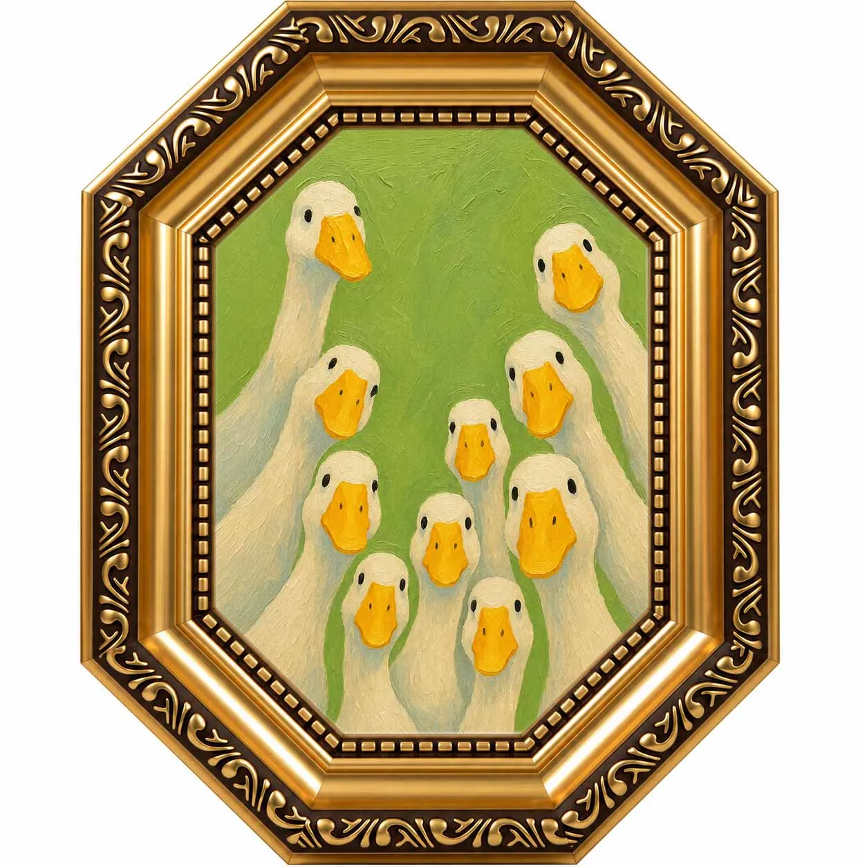 Octagonal Vintage Gold Framed Canvas Wall Art, Group White Geese Oil Painting Retro Farm Kitchen Decor