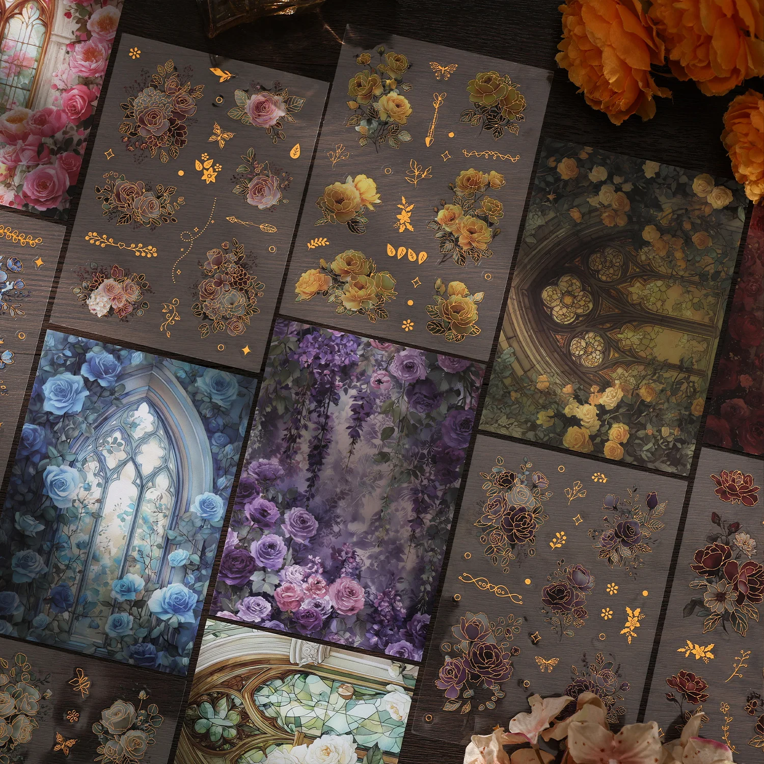 4sheets Retro Floral Sticker Pack for Journal Scrapbook DIY Crafts Self Adhesive Stationery Window Waterproof Stickers