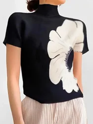 Freeacy Flower Printed Short Sleeve T-shirt for Women Turtle-neck Loose Fit Black Shirt 2024 Summer Fashion T-shirt Tops