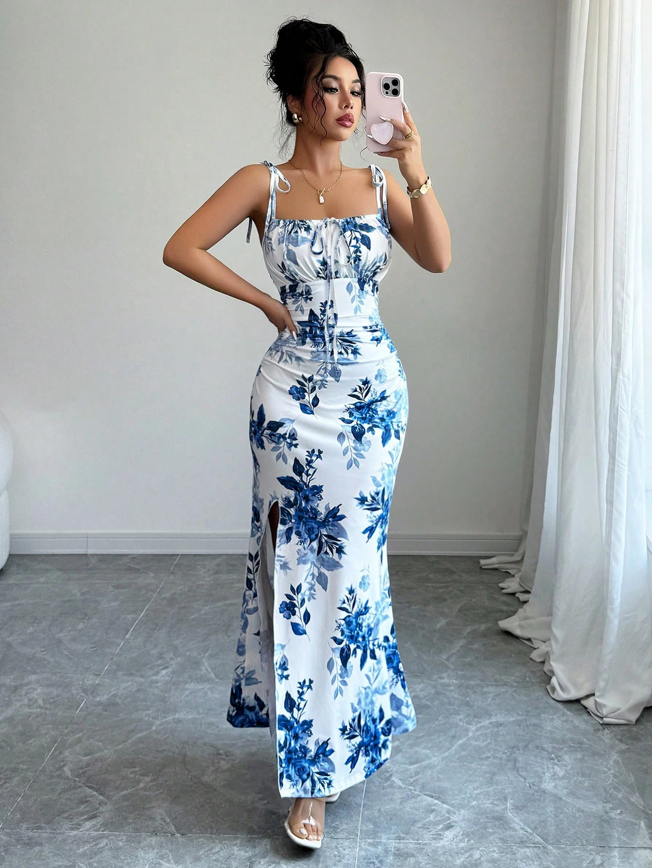 Sukienka bodycon na ramiączkach ze sznurkiem, z rozcięciem, seksowna, dopasowana, idealna na co dzień i na randki.