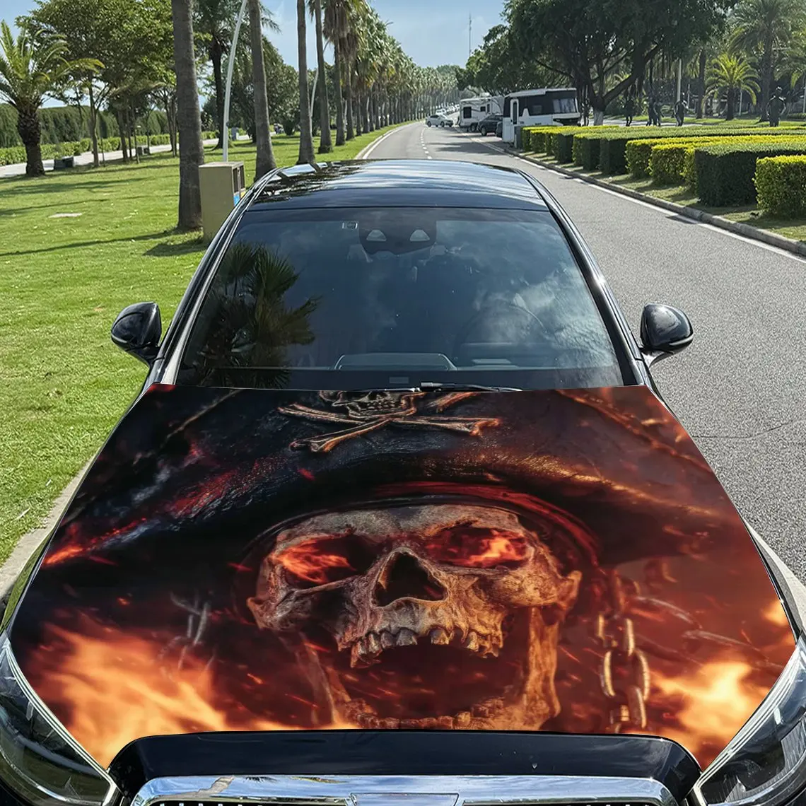 Flame Chain Pirates Car Hood Stickers,Durable PVC Vinyl Packaging,Enhanced Protection And Style,Easy To Apply And Disassemble,Su