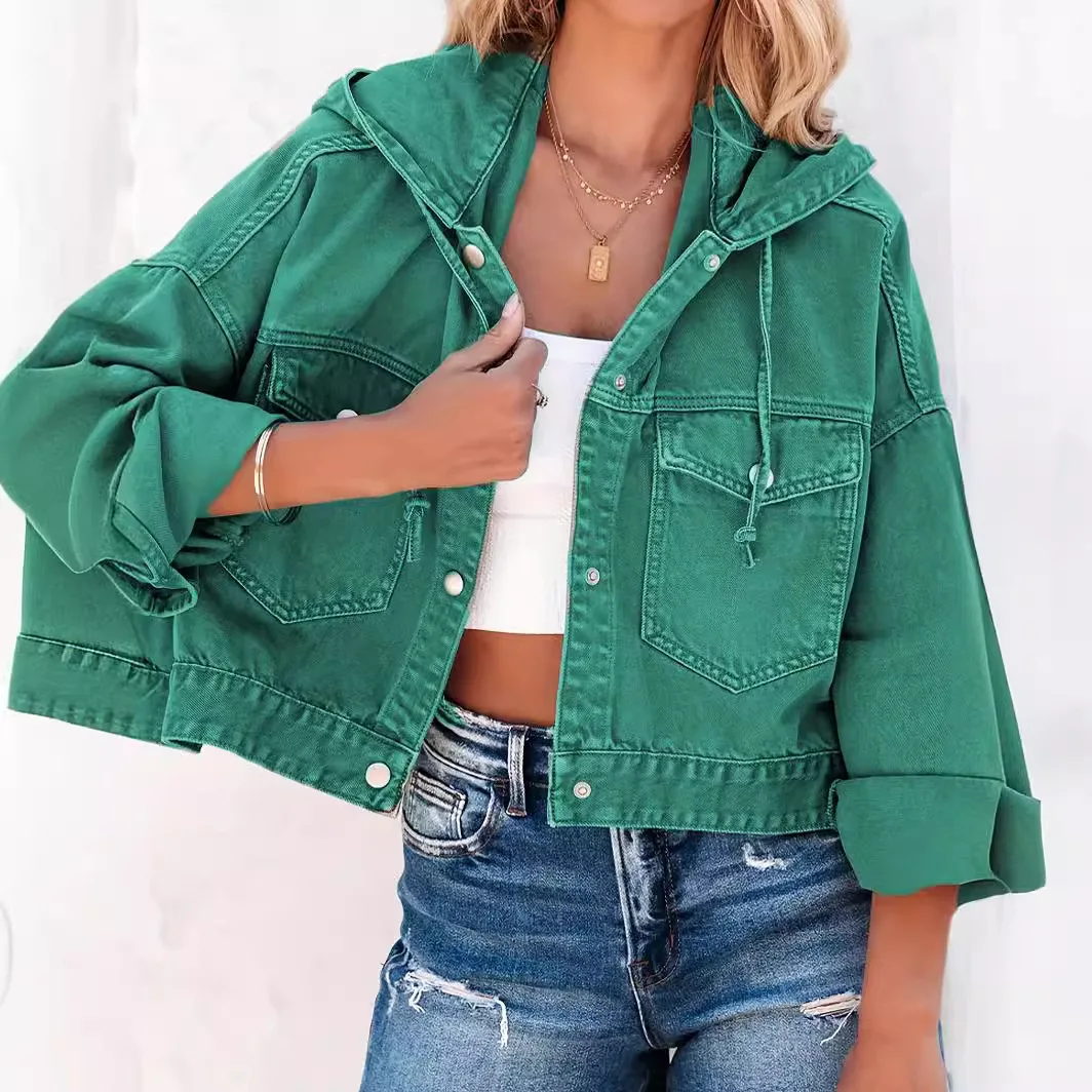 Giacca di jeans da donna Cappotto corto Tasche con cappuccio Cappotto lavato monopetto Giacche streetwear 2025 Capispalla vintage autunnale