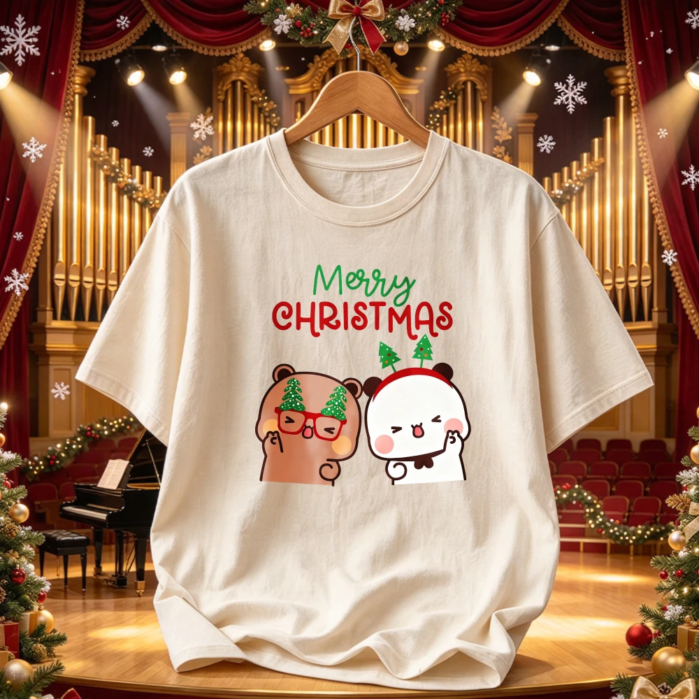 BUBU DUDU Merry Christmas Cute Cartoon Couple Graphic T Shirt Kawaii Bear Panda Xmas Tree Headband Print Holiday Casual Tee Tops