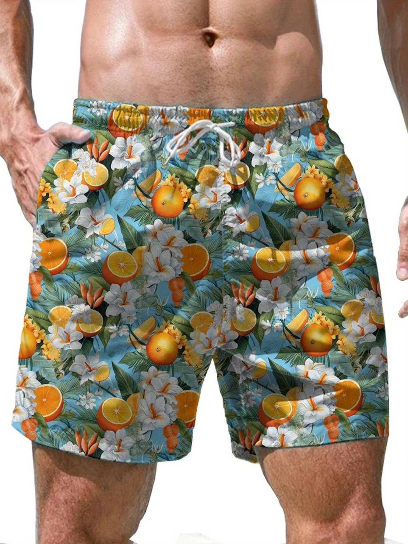 

Men's Tropical Orange Fruit Floral Print Quick Dry Drawstring Waist Beach Shorts Swim Trunks 2026