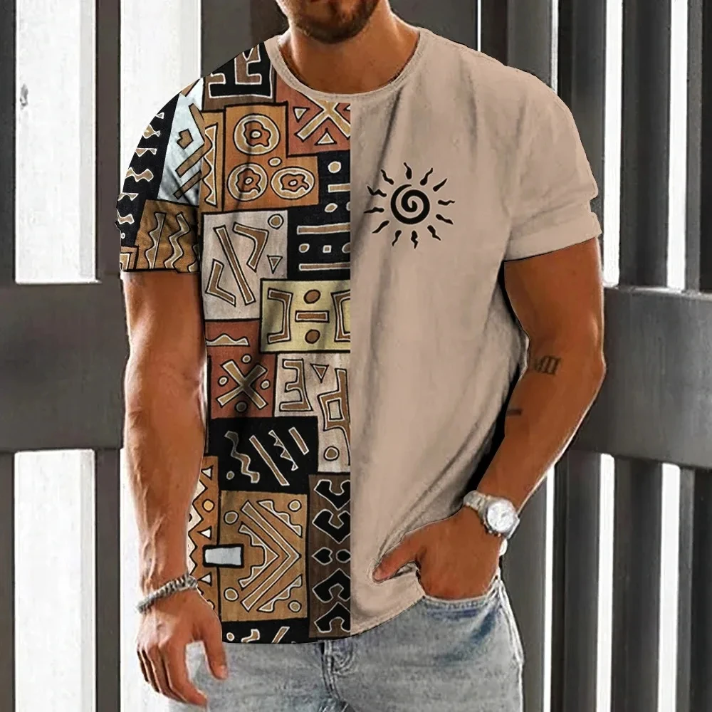 Men\'s T-shirt ethnic print casual short sleeved summer round neck street outfit retro men\'s loose fitting sports shirt