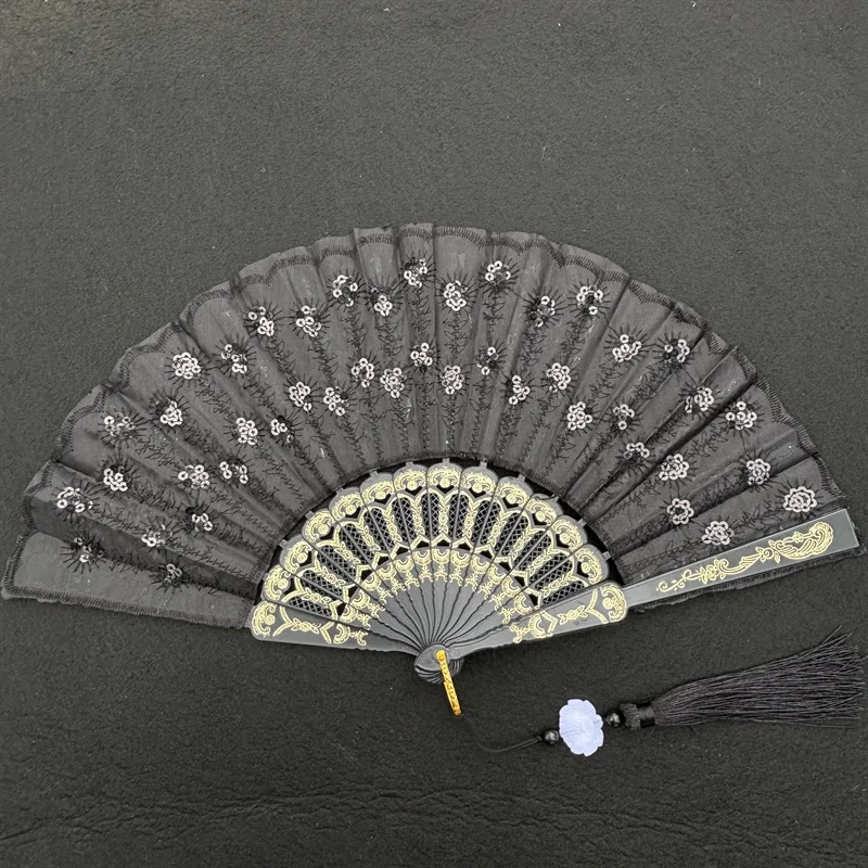 Wing Chun Folding Fan Black Lace Dance Fan for National Dance Peacock Prop Fan