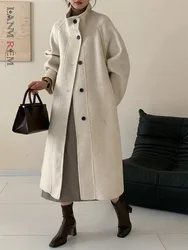 LANMREM Fashion cappotto di lana a doppia faccia colletto alla coreana da donna cappotti a vita arricciati con lacci singoli 2024 nuovo 2 z2349