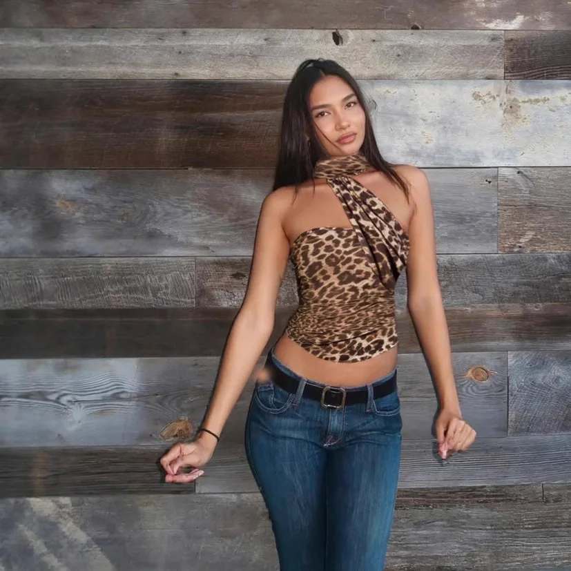 

2025 Summer New Arrival Women's Leopard Print Off Shoulder Ruffled Slim Fit Sash Tank Top | Trendy INS Style Sleeveless Crop Top