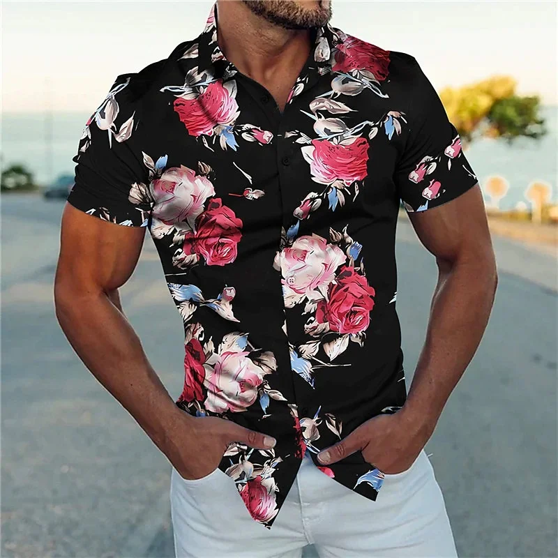 Men's shirt with rose flower print short sleeved shirt, lapel button cardigan, summer loose beach vacation casual shirt XS-6XL