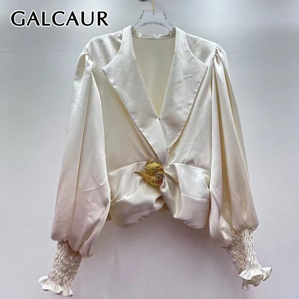 

GALCAUR Solid Spliced Pin Chic Shirt Female V Neck Long Sleeve Loose Cozy Casual Women's Shirts Summer New Style Fashion Clothes