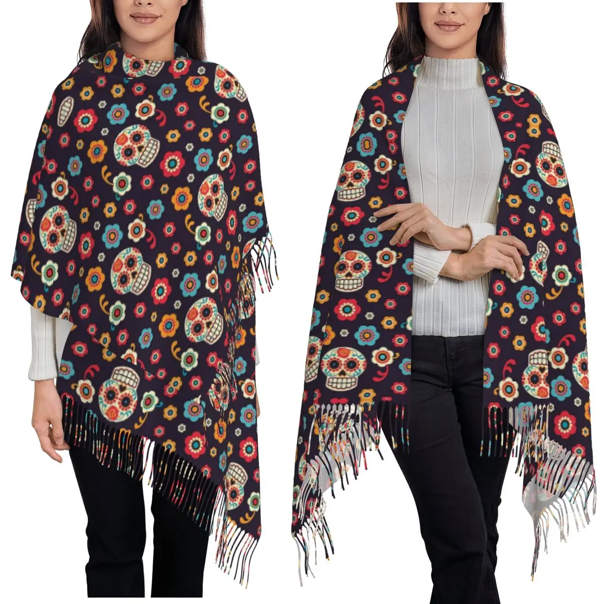 

Day Of The Dead Pattern Sugar Skull Santa Muerte Scarf Tassel Scarves Women Warm Shawls and Wraps Large Fall Winter Shawl Wrap
