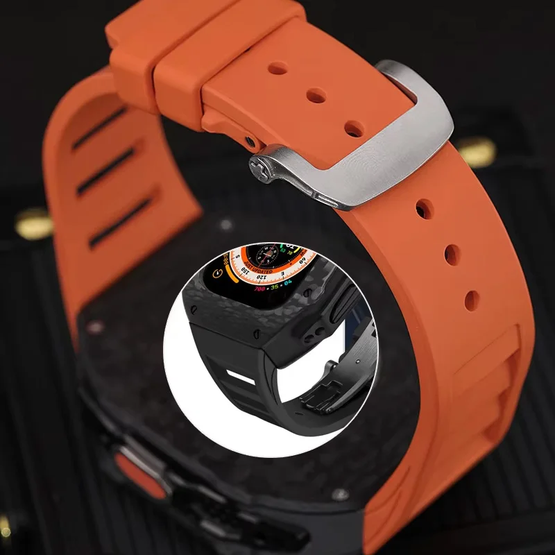 Carbon Fiber Modification Kit For Apple Watch Case Ultra 49mm For iWatch 98 7 6 5 4 SE 45mm 44mm Fluorine Rubber Band Luxury NEW