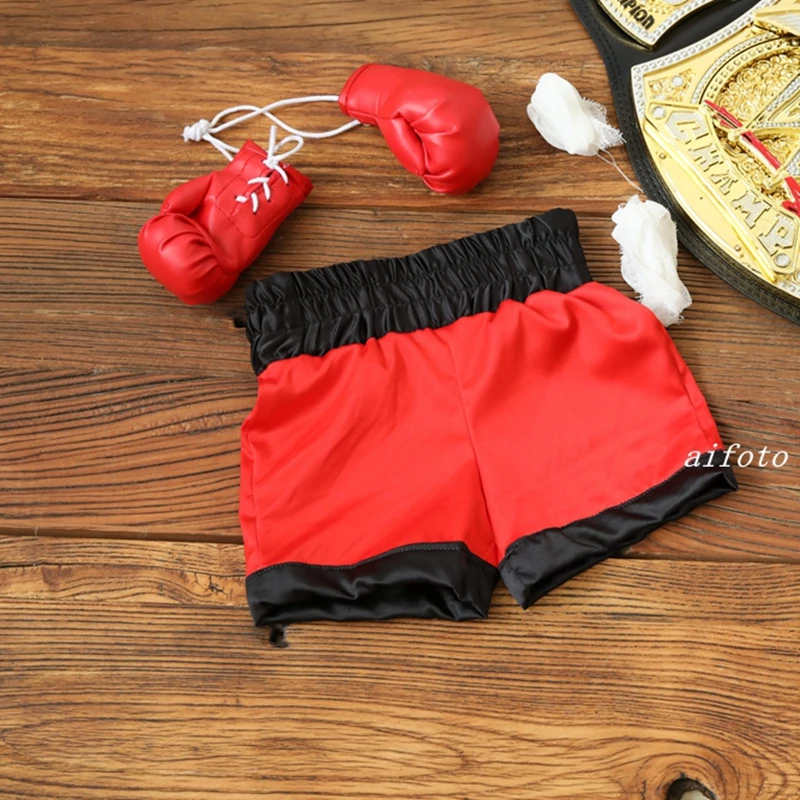 Newborn Photography Props Accessories Infant Photo Fight Boxing Glove Shorts For Baby Boxer Red Robe And Pants Set