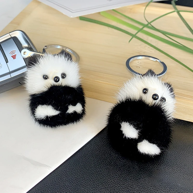 Mink Fur Panda Keychain Bag Pendant Creative Cute Black White Panda Mobile Phone Bag Plush Keyring Accessories