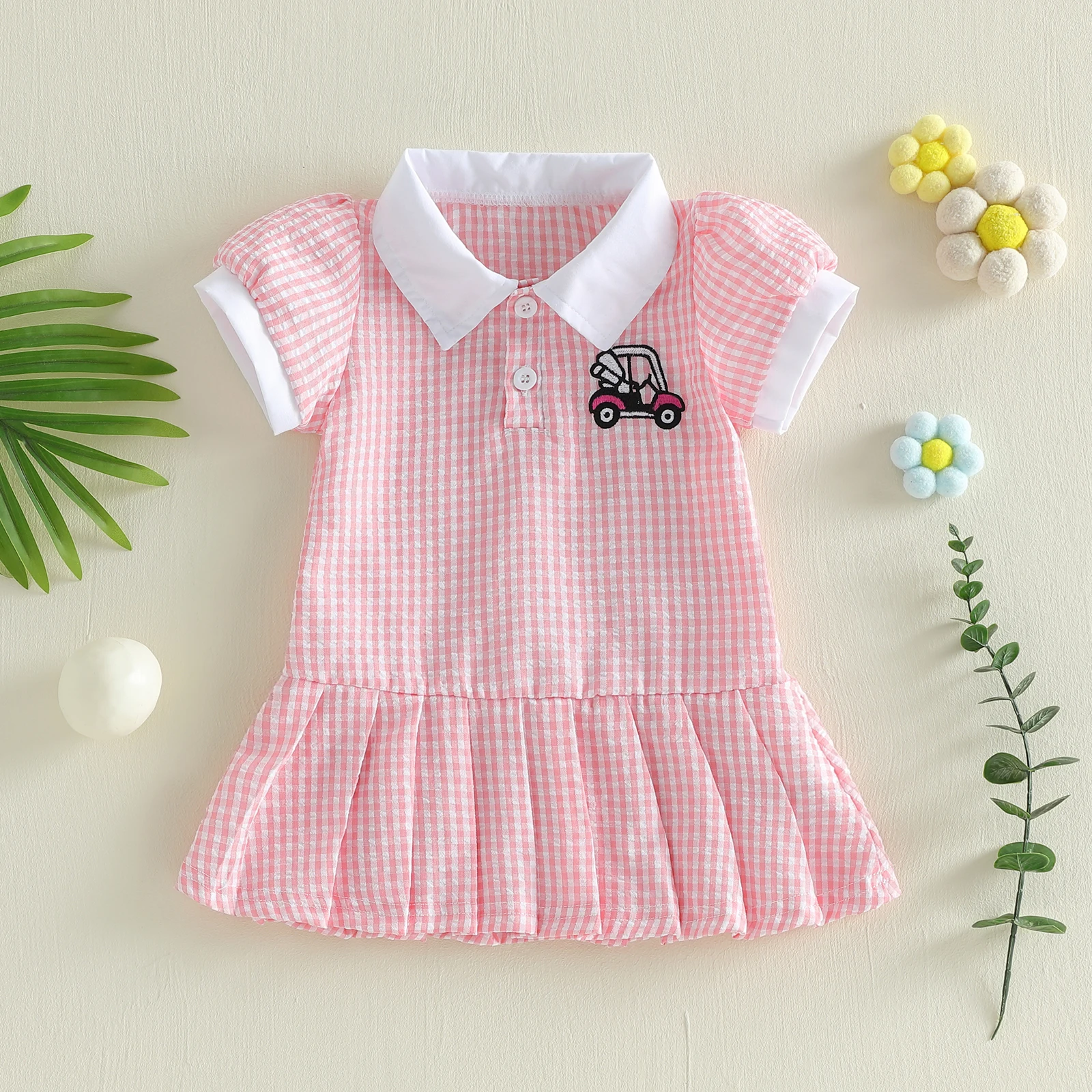

Tregren Toddler Girl Summer A Line Dress Plaid Print Lapel Short Sleeves Golf Cart Embroidery Dress